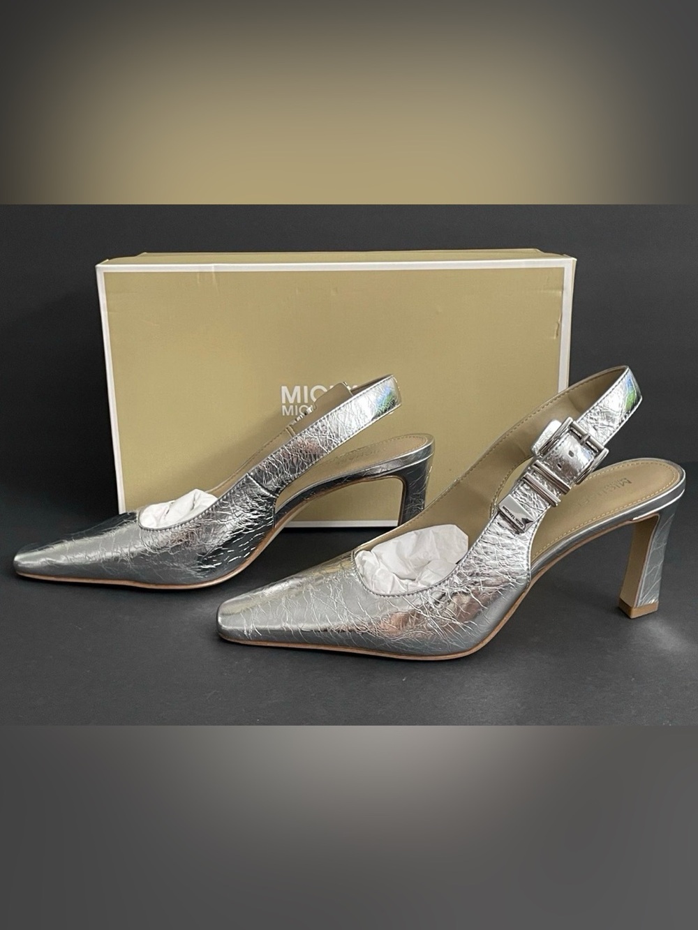 MICHAEL Michael Kors Darrington Crackled Metallic Silver Slingback Heels
